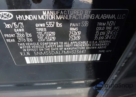 2021 Hyundai Santa Fe Calligraphy z USA, uszkodzony, nr VIN 5NMS5DAL7MH323641